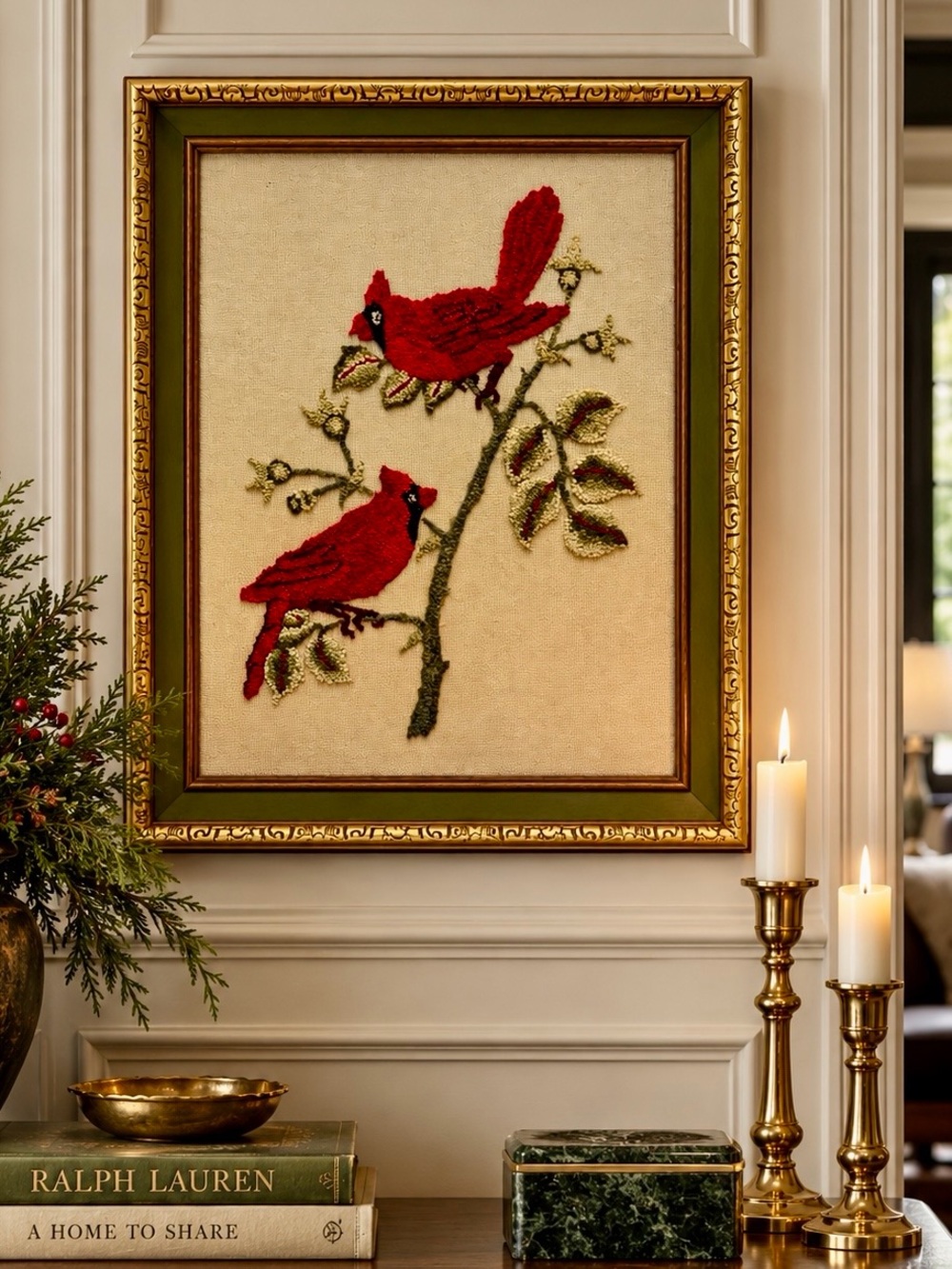 Ralph Lauren Red Cardinal Embroidered Holiday Wall Art